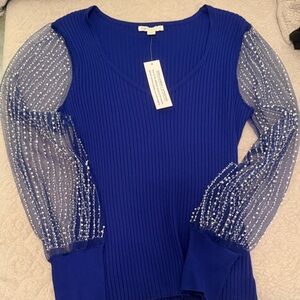 Blue Ribbed Top with Sheer Sleeves